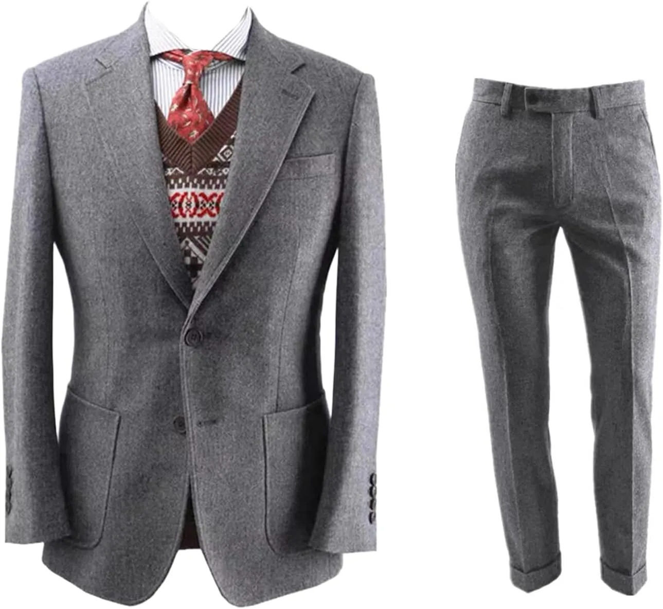 2 Piece Men's Tweed Suit Set Retro Formal Jacket Suits Pants Set Slim Fit Tuxedo Blazer Dress Suit Prom