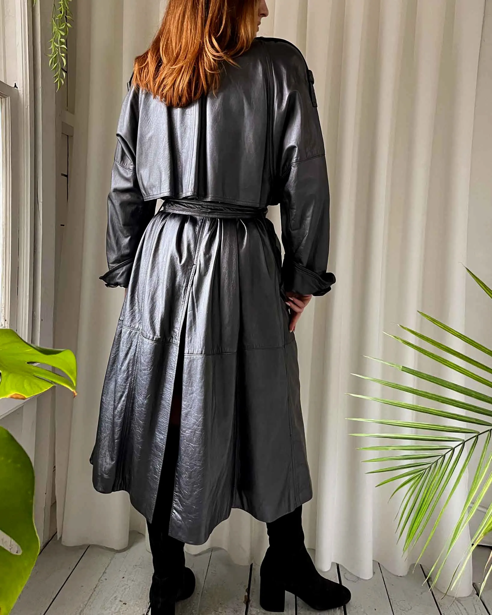 90s Begedor Gunmetal Leather Trench | M-L