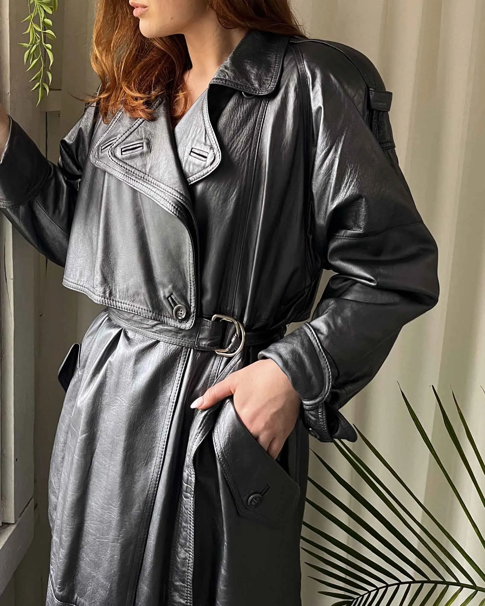 90s Begedor Gunmetal Leather Trench | M-L
