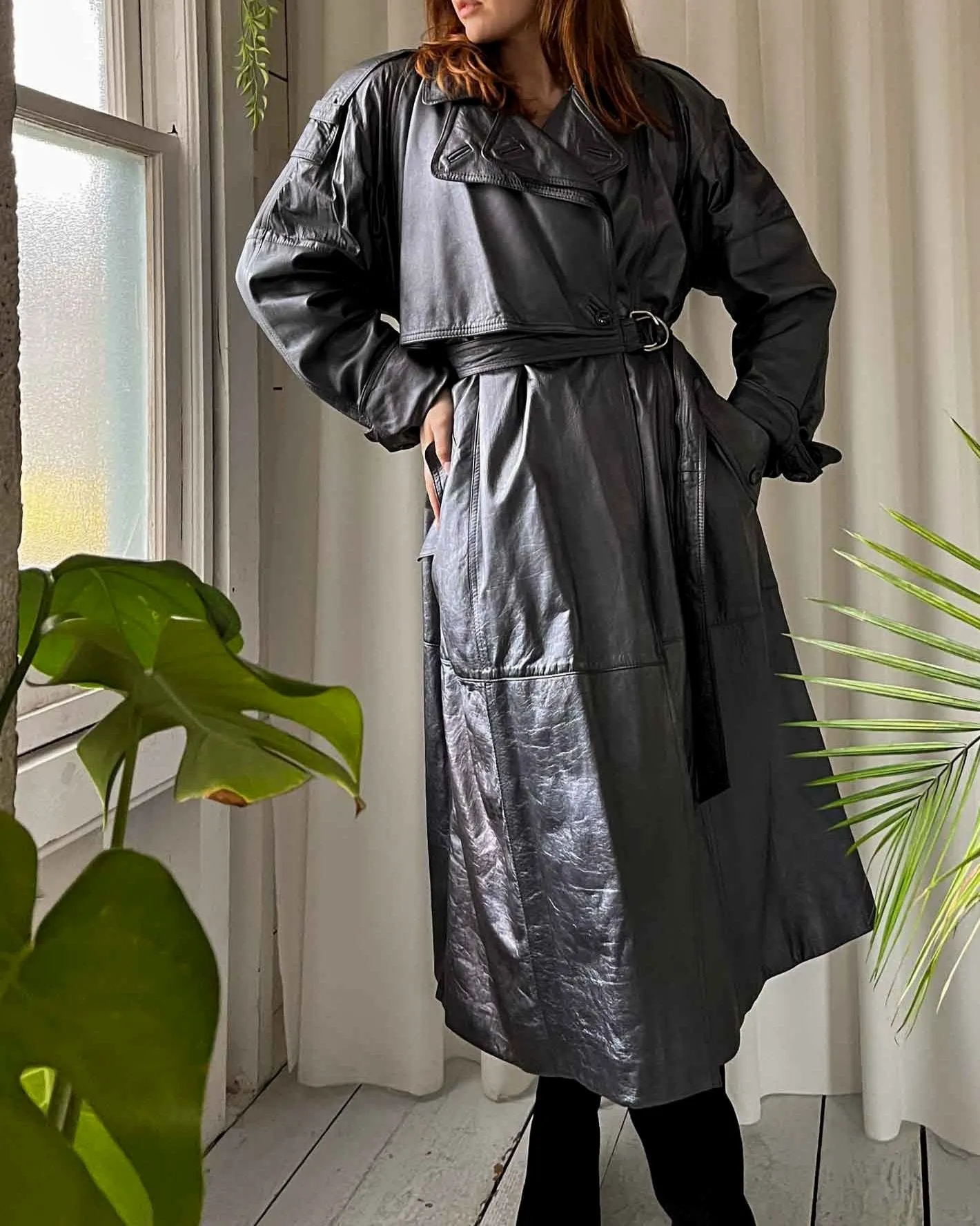 90s Begedor Gunmetal Leather Trench | M-L