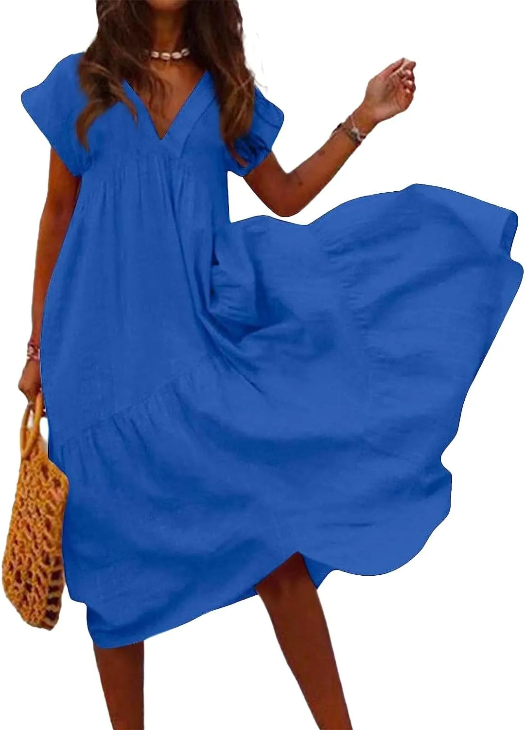 Akivide Women Summer Cotton Linen Loose Flowy Maxi Dress Short Sleeve V Neck Tiered Solid Casual Beach Tshirt Dress