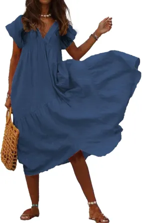Akivide Women Summer Cotton Linen Loose Flowy Maxi Dress Short Sleeve V Neck Tiered Solid Casual Beach Tshirt Dress