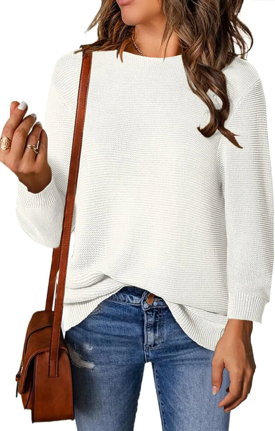 Allimy Women's Crewneck Chic Knit Sequin Details Fall Dressy Sweaters for Women 2025 3/4 Length Sleeve