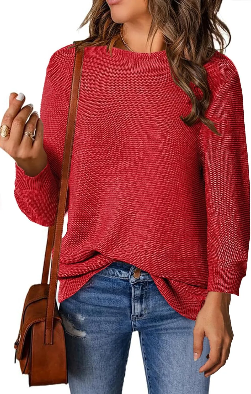 Allimy Women's Crewneck Chic Knit Sequin Details Fall Dressy Sweaters for Women 2025 3/4 Length Sleeve