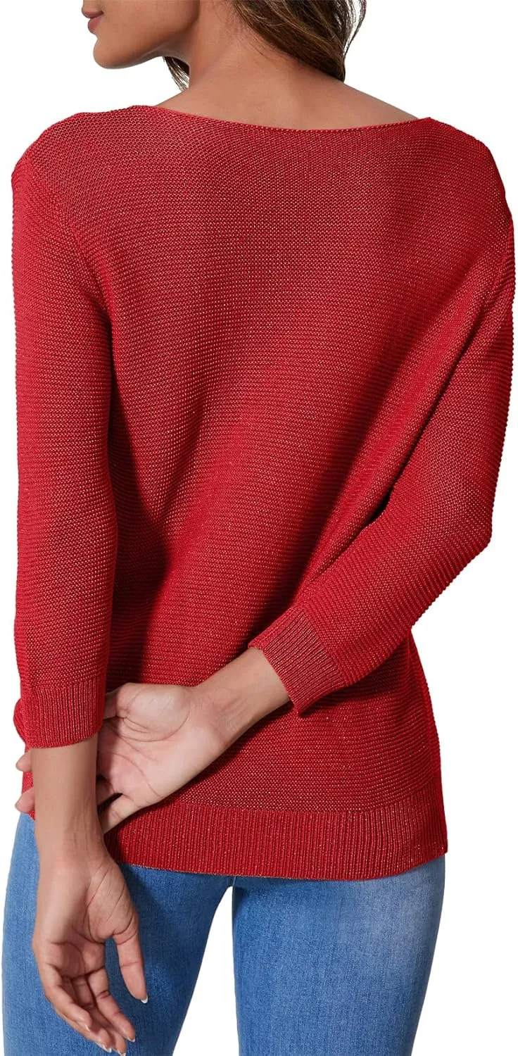 Allimy Women's Crewneck Chic Knit Sequin Details Fall Dressy Sweaters for Women 2025 3/4 Length Sleeve