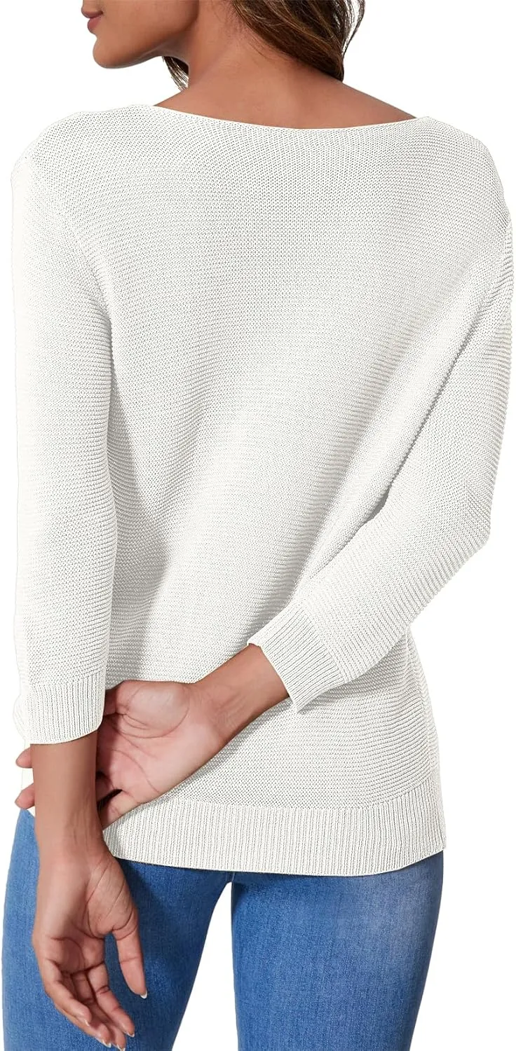 Allimy Women's Crewneck Chic Knit Sequin Details Fall Dressy Sweaters for Women 2025 3/4 Length Sleeve