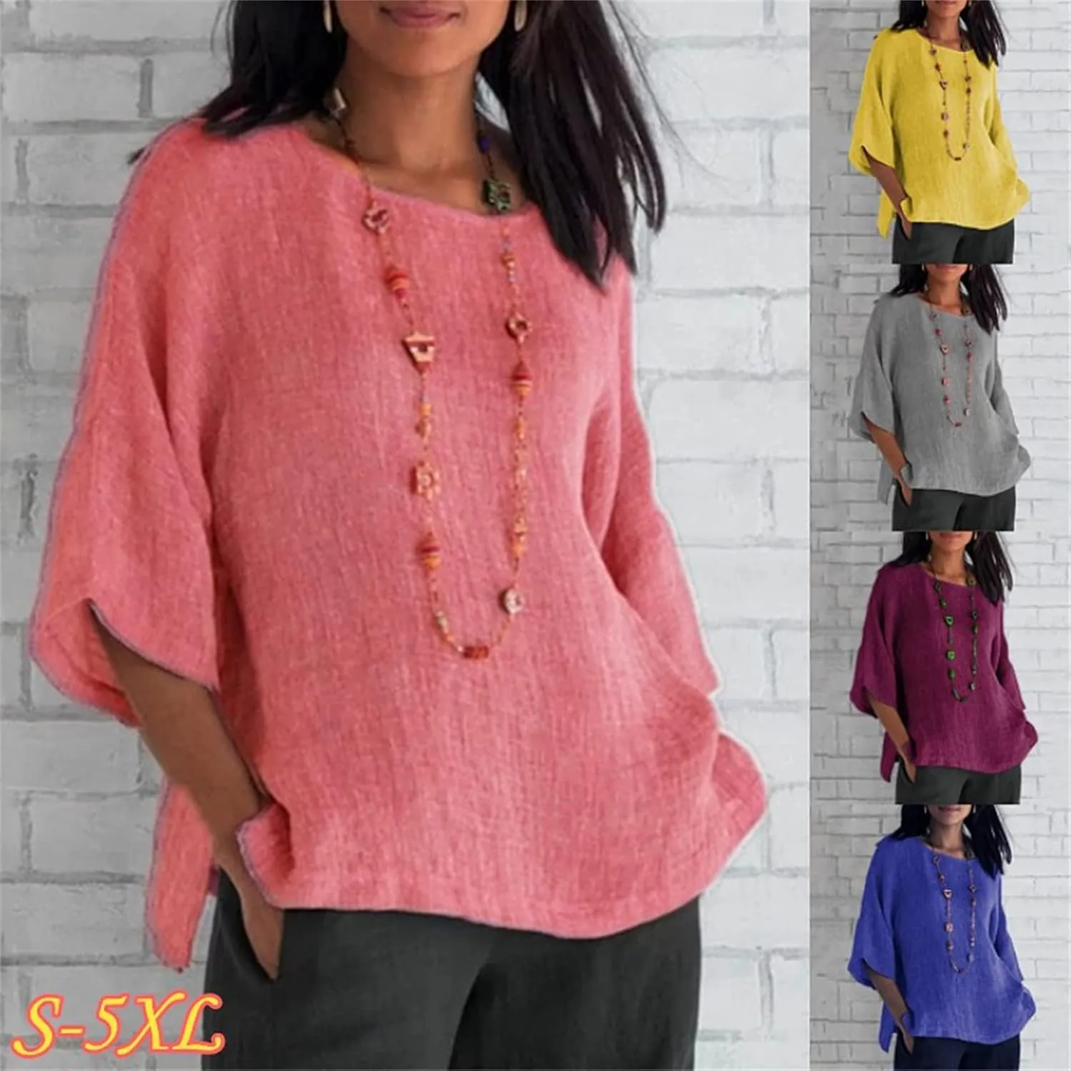 Andongnywell Women's Solid Color Blouse Summer Tops Loose Round Neck 3/4 Bell Sleeve T-Shirt Blouses Tunics