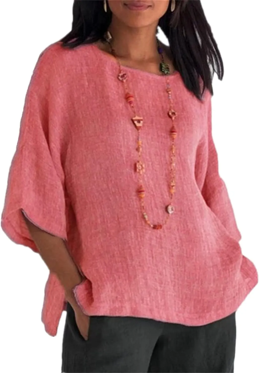 Andongnywell Women's Solid Color Blouse Summer Tops Loose Round Neck 3/4 Bell Sleeve T-Shirt Blouses Tunics