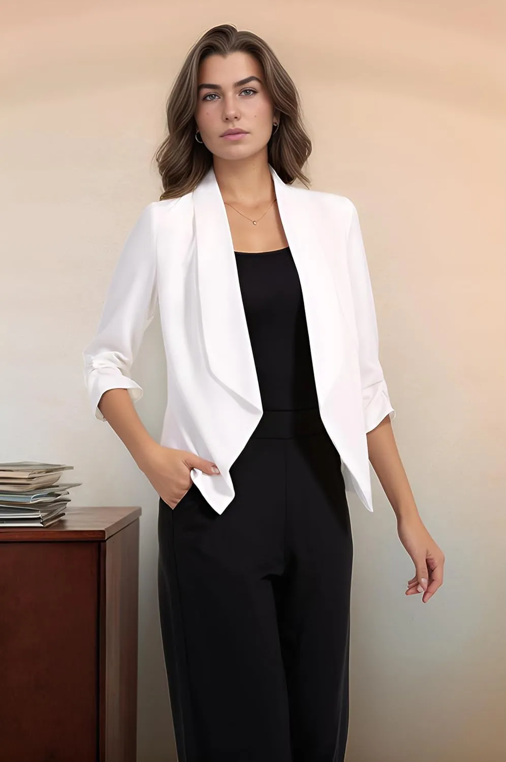 Anienaya Women's Silky Satin Lightweight Blazer 3/4 Ruched Sleeve Casual Cropped Open Front Cardigan