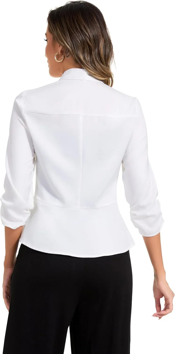 Anienaya Women's Silky Satin Lightweight Blazer 3/4 Ruched Sleeve Casual Cropped Open Front Cardigan