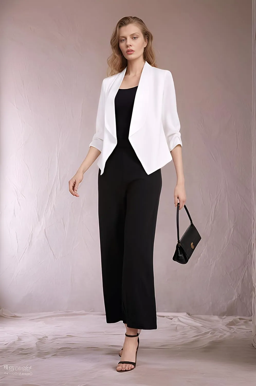 Anienaya Women's Silky Satin Lightweight Blazer 3/4 Ruched Sleeve Casual Cropped Open Front Cardigan