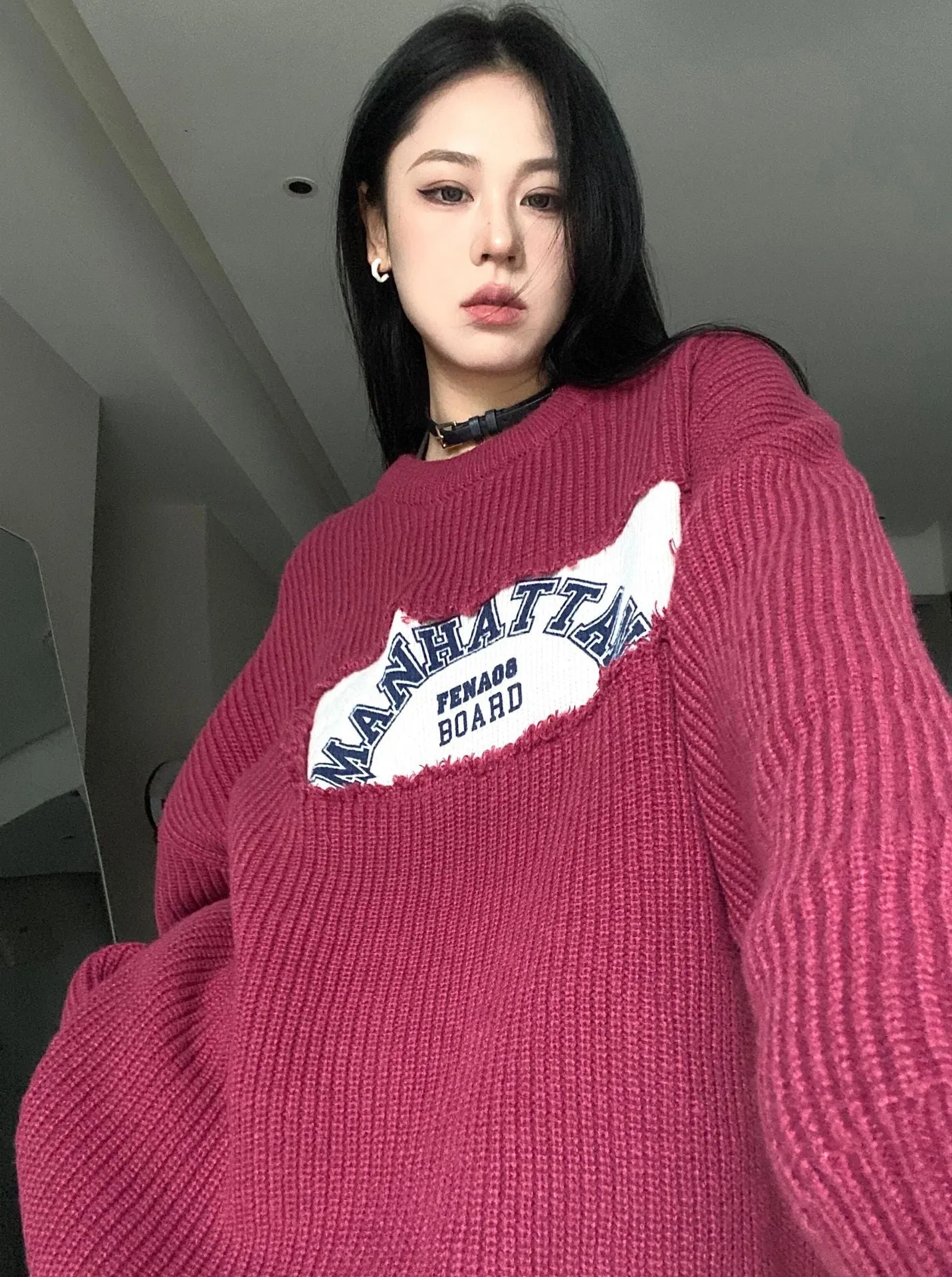 christmas outfit Sonicelife Patched Logo Embroidery Pullover Sweater