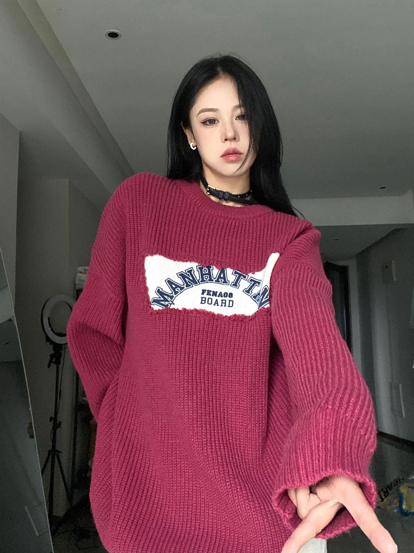 christmas outfit Sonicelife Patched Logo Embroidery Pullover Sweater