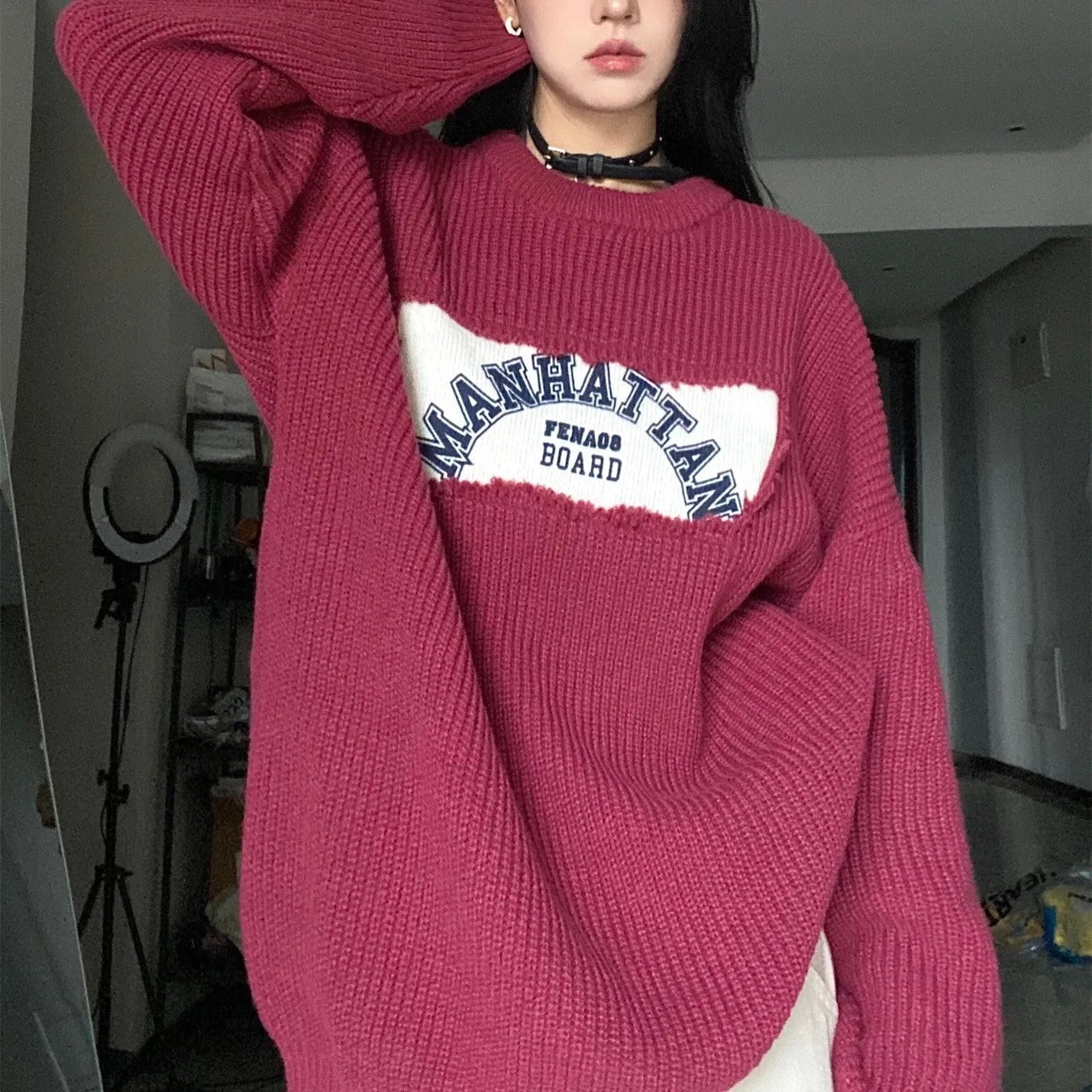 christmas outfit Sonicelife Patched Logo Embroidery Pullover Sweater