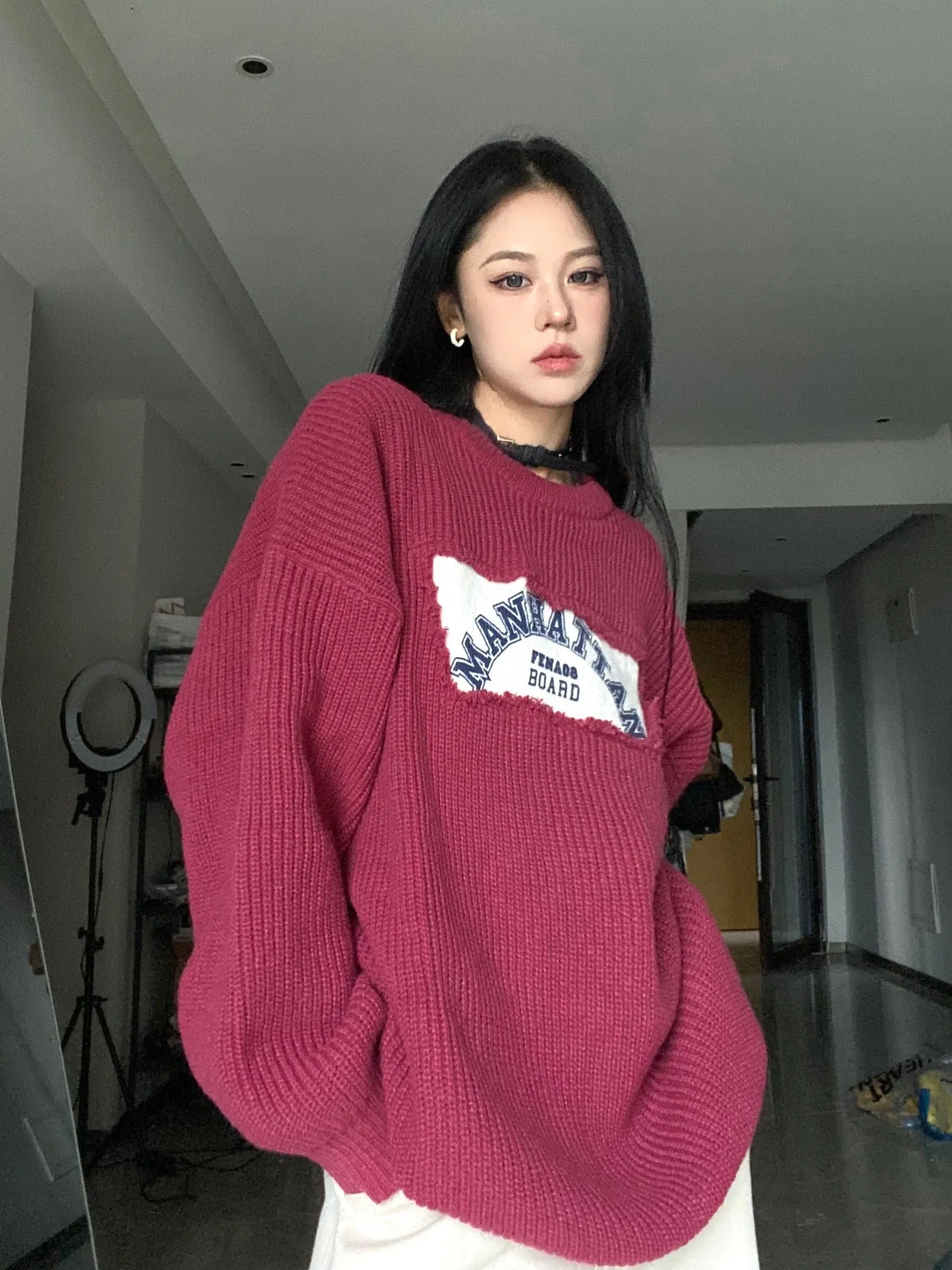 christmas outfit Sonicelife Patched Logo Embroidery Pullover Sweater
