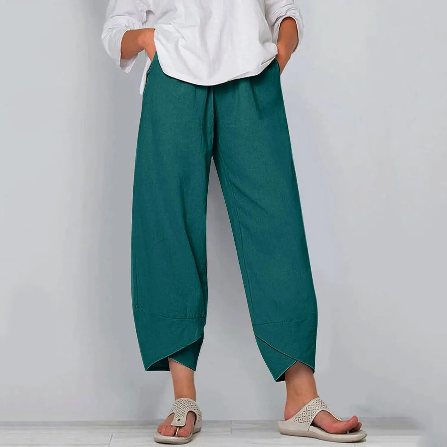 Cotton Linen Casual Summer Capri Pants Printed Cropped Comfy Baggy Trousers with Pockets Palazzo Lounge Pants