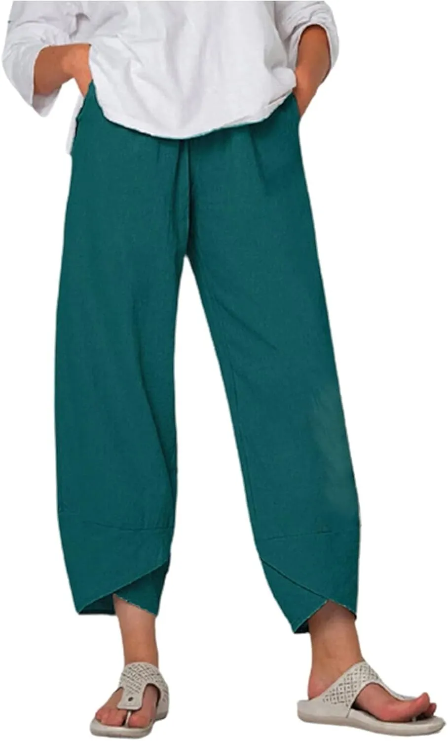 Cotton Linen Casual Summer Capri Pants Printed Cropped Comfy Baggy Trousers with Pockets Palazzo Lounge Pants