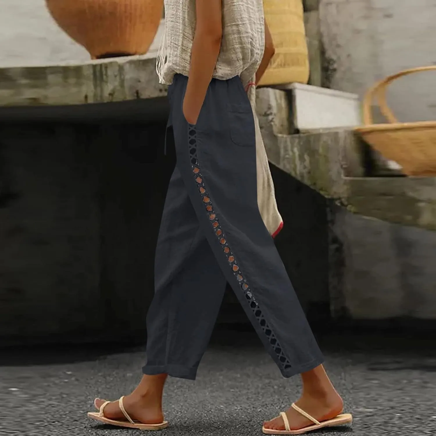 Cotton Linen Pants Women Summer Lightweight Drawstring Straight Leg Pants Casual Hollow Out Beach Trousers with Pocket