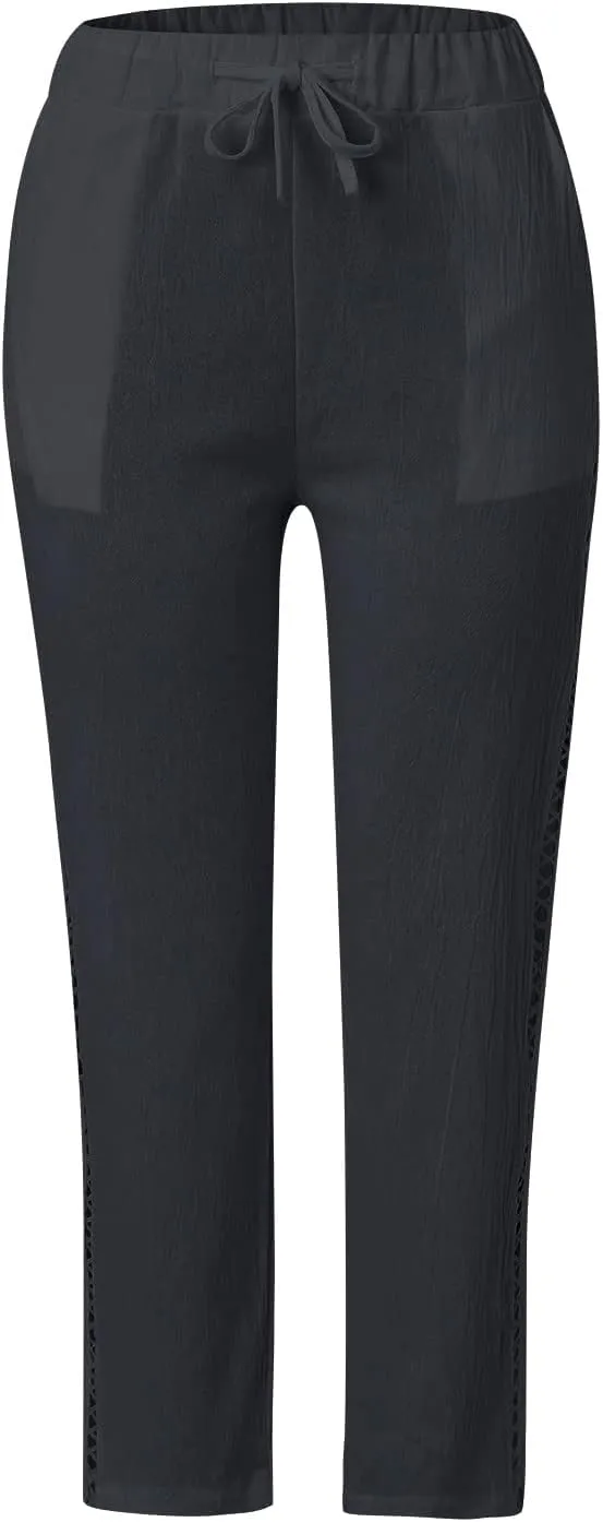 Cotton Linen Pants Women Summer Lightweight Drawstring Straight Leg Pants Casual Hollow Out Beach Trousers with Pocket