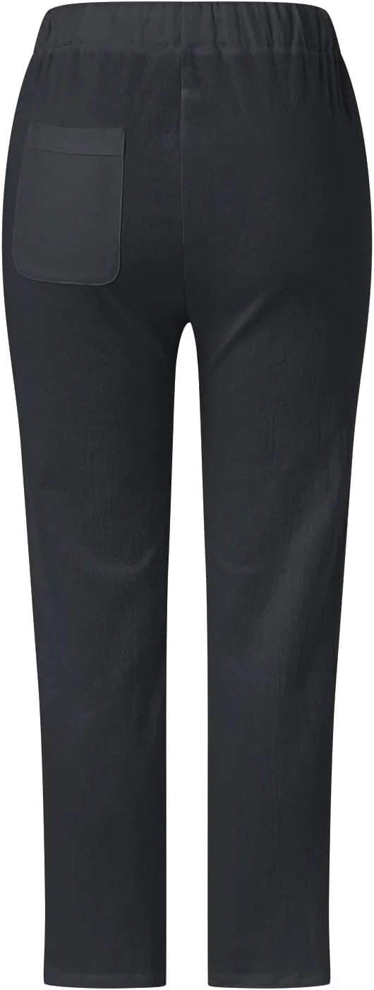 Cotton Linen Pants Women Summer Lightweight Drawstring Straight Leg Pants Casual Hollow Out Beach Trousers with Pocket