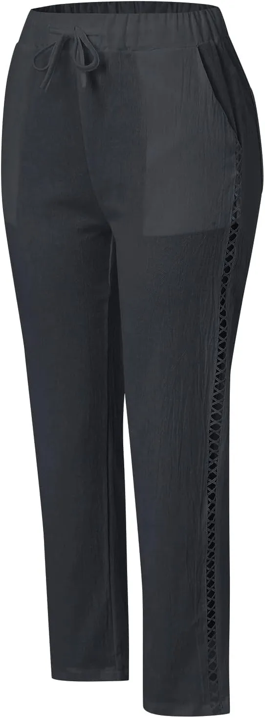 Cotton Linen Pants Women Summer Lightweight Drawstring Straight Leg Pants Casual Hollow Out Beach Trousers with Pocket