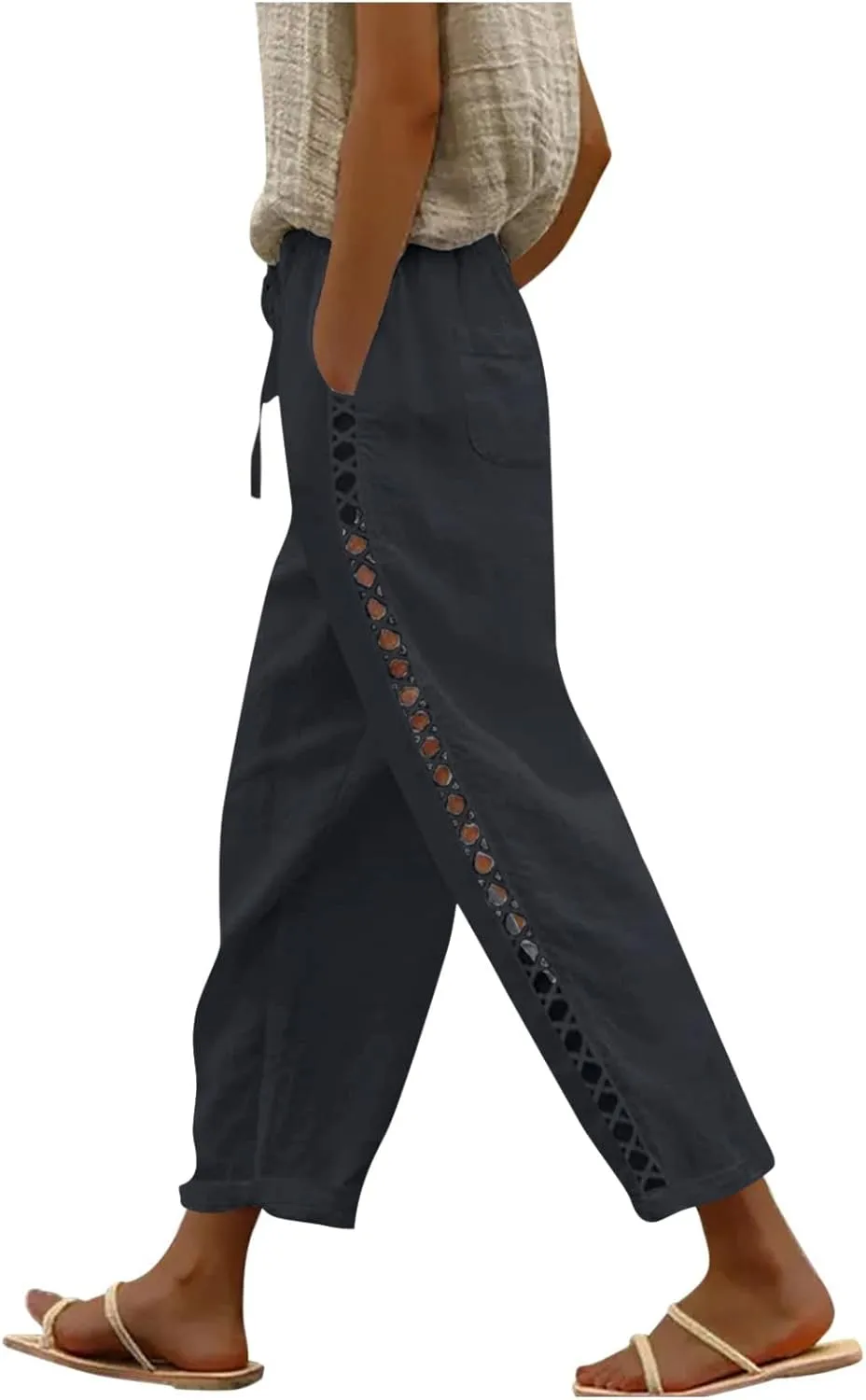 Cotton Linen Pants Women Summer Lightweight Drawstring Straight Leg Pants Casual Hollow Out Beach Trousers with Pocket