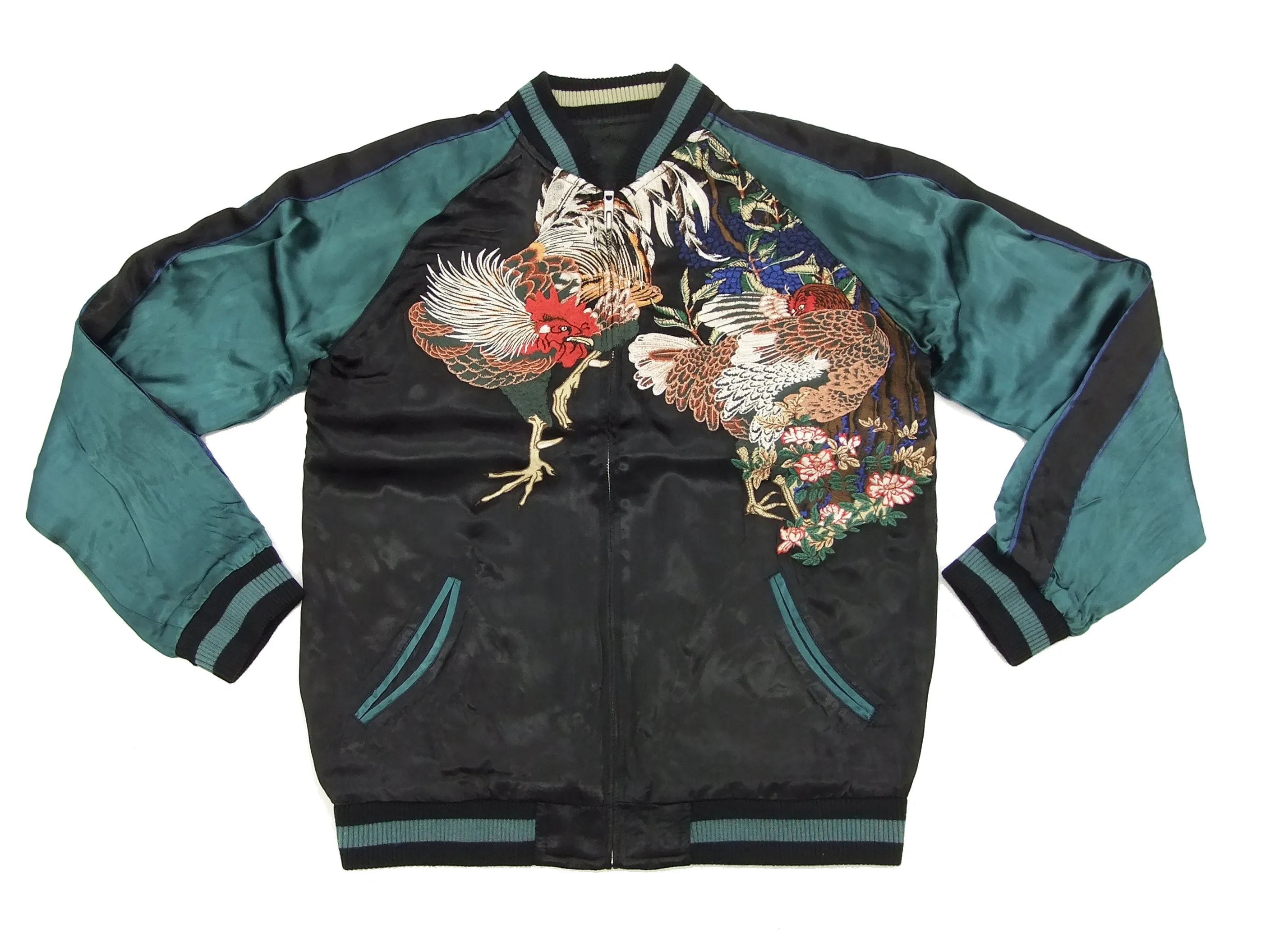 Hanatabi Gakudan Men's Japanese Souvenir Jacket Rooster and Hen Japanese Art Sukajan Script SSJ-018
