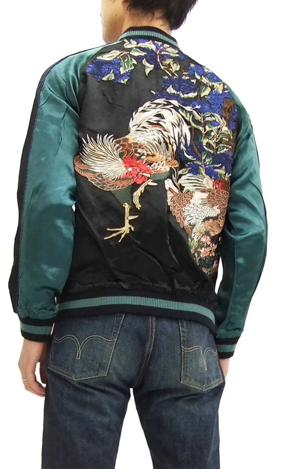Hanatabi Gakudan Men's Japanese Souvenir Jacket Rooster and Hen Japanese Art Sukajan Script SSJ-018