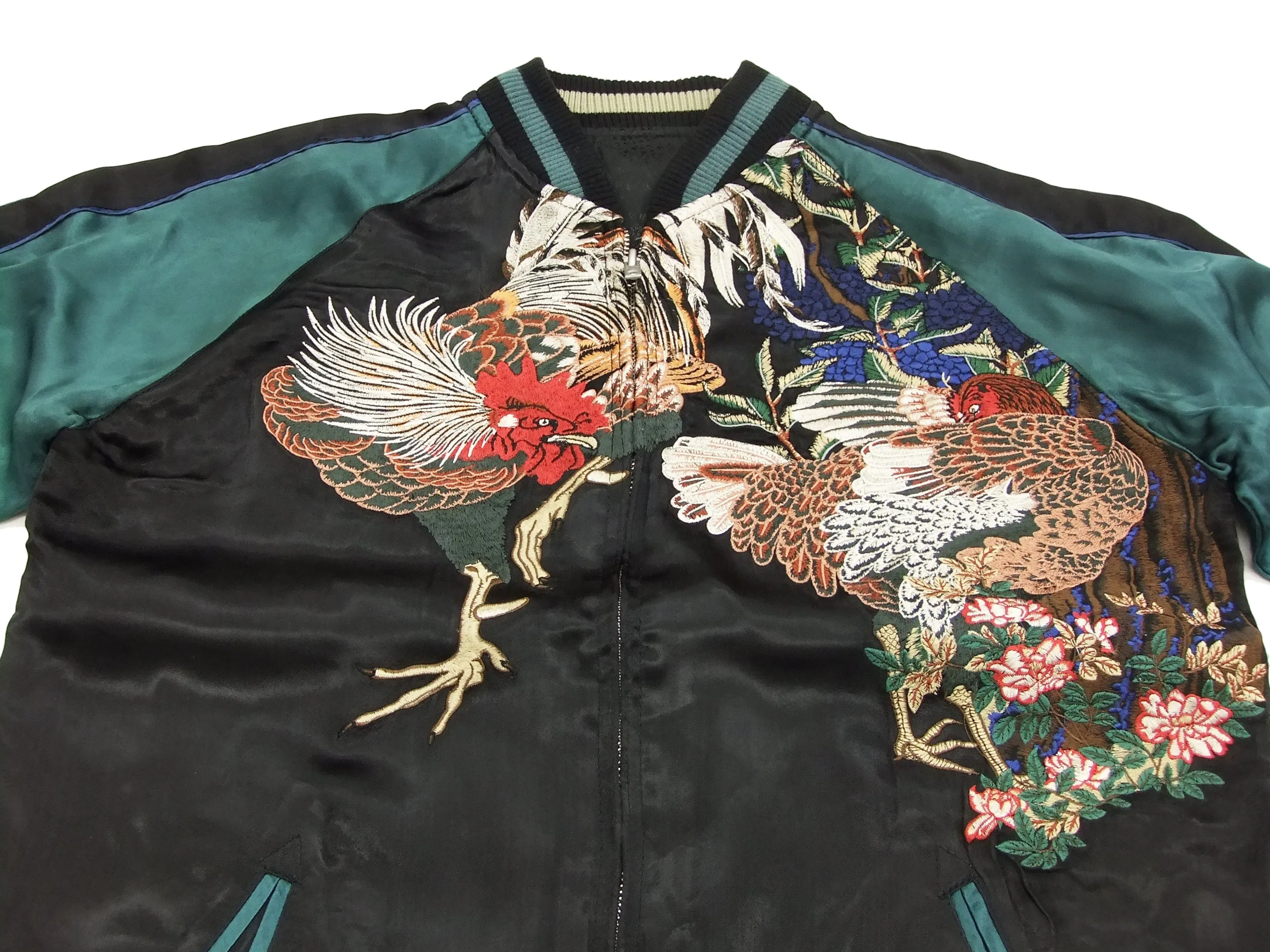 Hanatabi Gakudan Men's Japanese Souvenir Jacket Rooster and Hen Japanese Art Sukajan Script SSJ-018