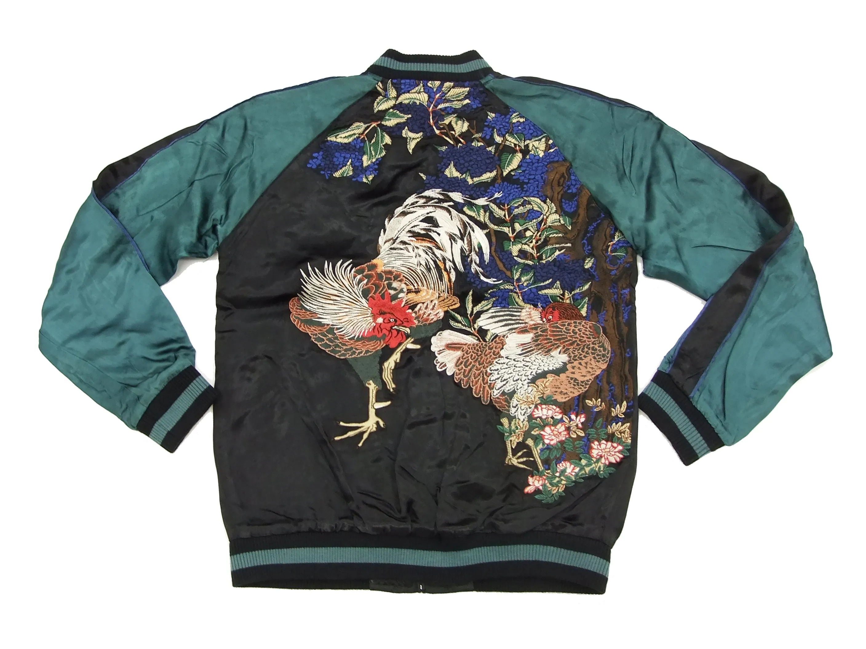 Hanatabi Gakudan Men's Japanese Souvenir Jacket Rooster and Hen Japanese Art Sukajan Script SSJ-018