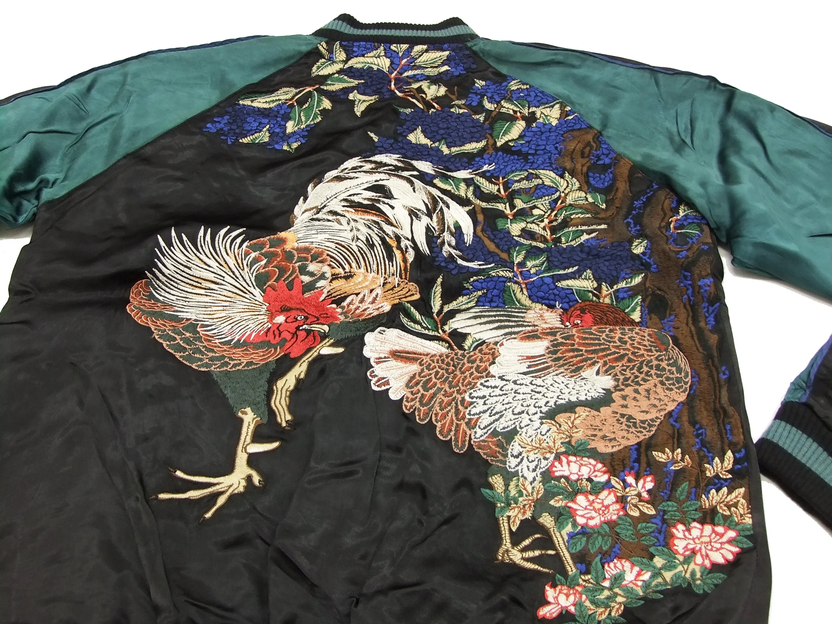 Hanatabi Gakudan Men's Japanese Souvenir Jacket Rooster and Hen Japanese Art Sukajan Script SSJ-018