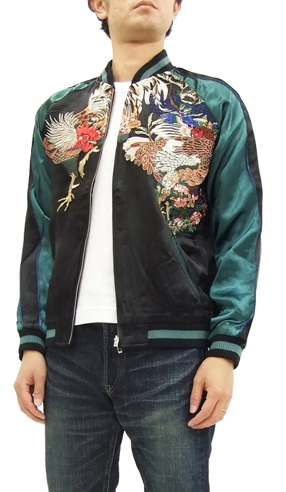 Hanatabi Gakudan Men's Japanese Souvenir Jacket Rooster and Hen Japanese Art Sukajan Script SSJ-018