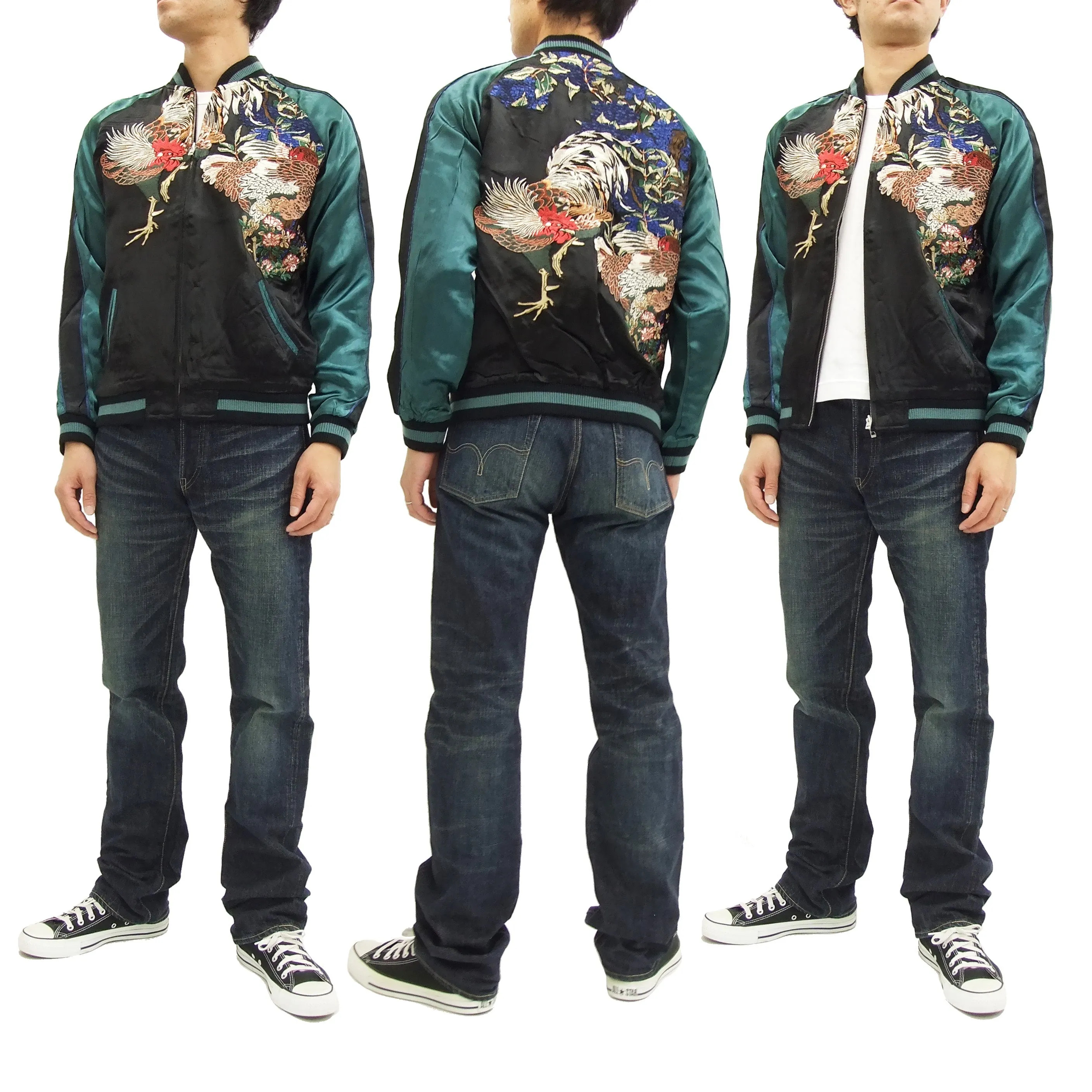 Hanatabi Gakudan Men's Japanese Souvenir Jacket Rooster and Hen Japanese Art Sukajan Script SSJ-018