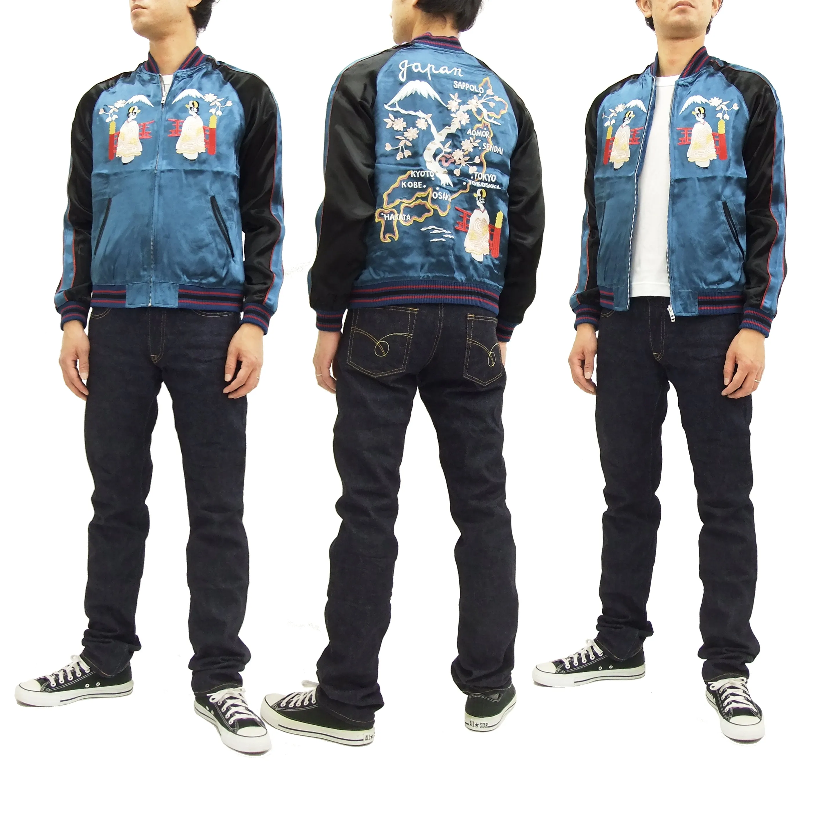 Japanesque Japanese Souvenir Jacket 3RSJ-029 Japan map Men's Sukajan Navy-Blue/Black
