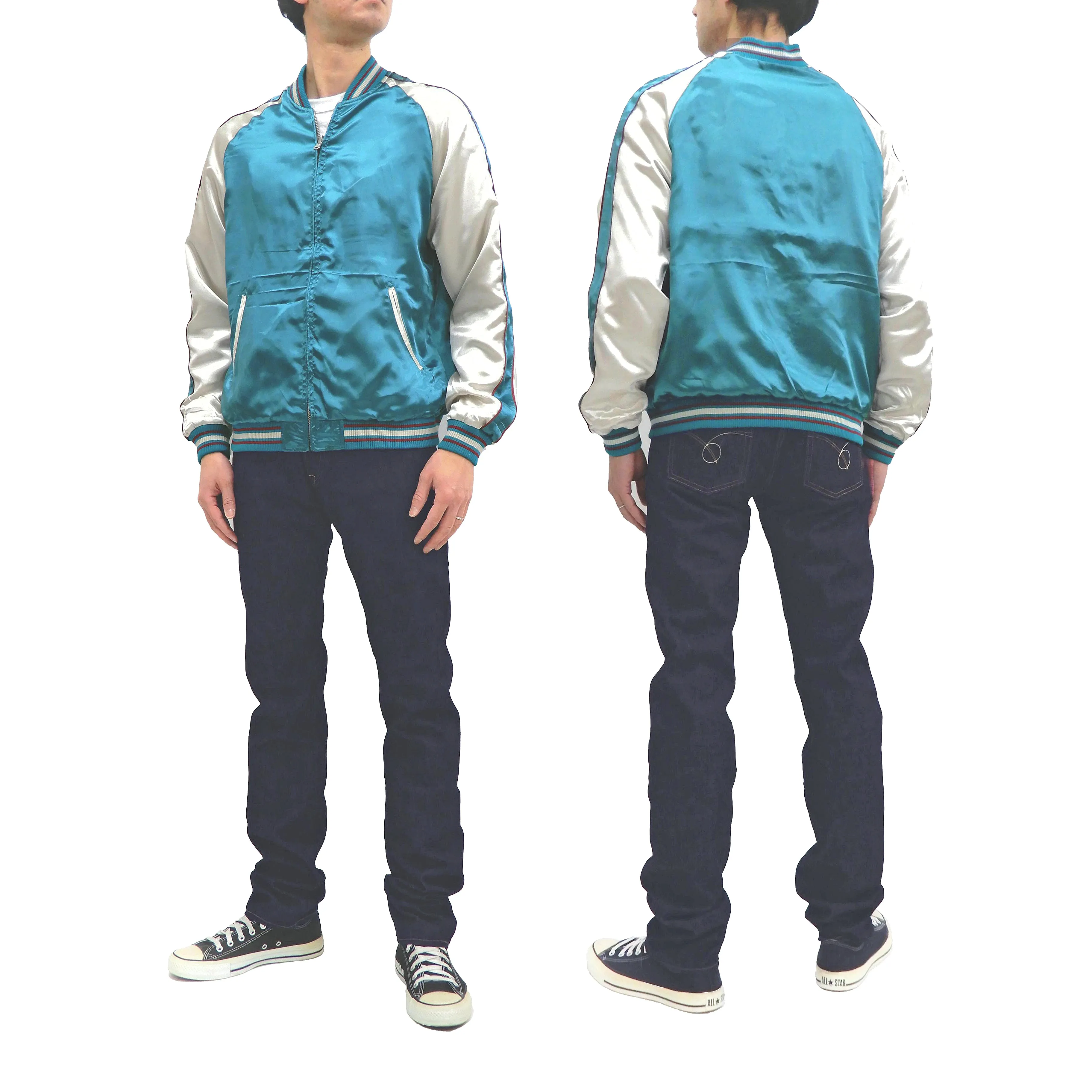 Japanesque Sukajan Jacket Men's Japanese Souvenir Jacket Japanese Crane 3RSJ-752 Blue-Green/Off