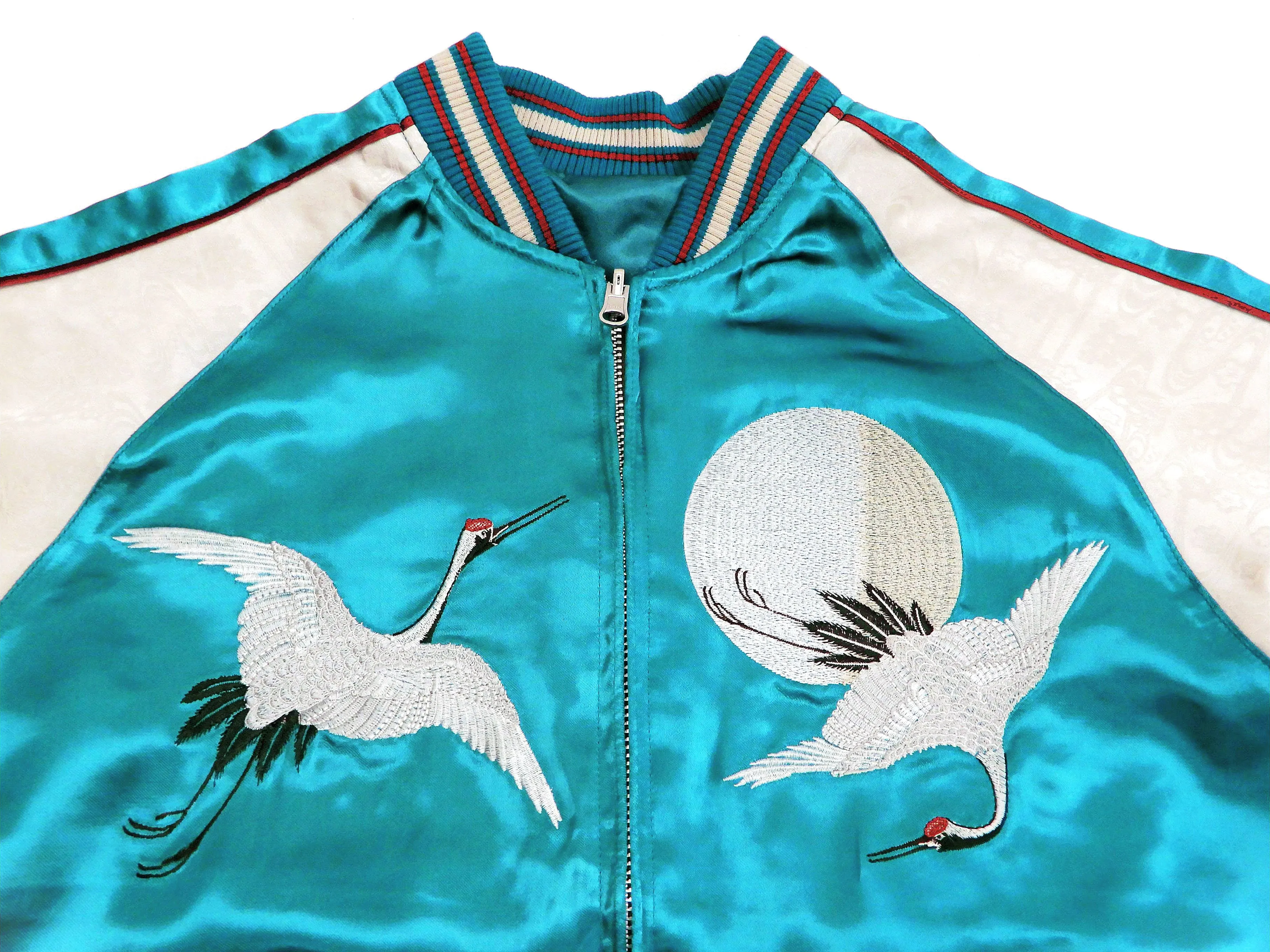 Japanesque Sukajan Jacket Men's Japanese Souvenir Jacket Japanese Crane 3RSJ-752 Blue-Green/Off