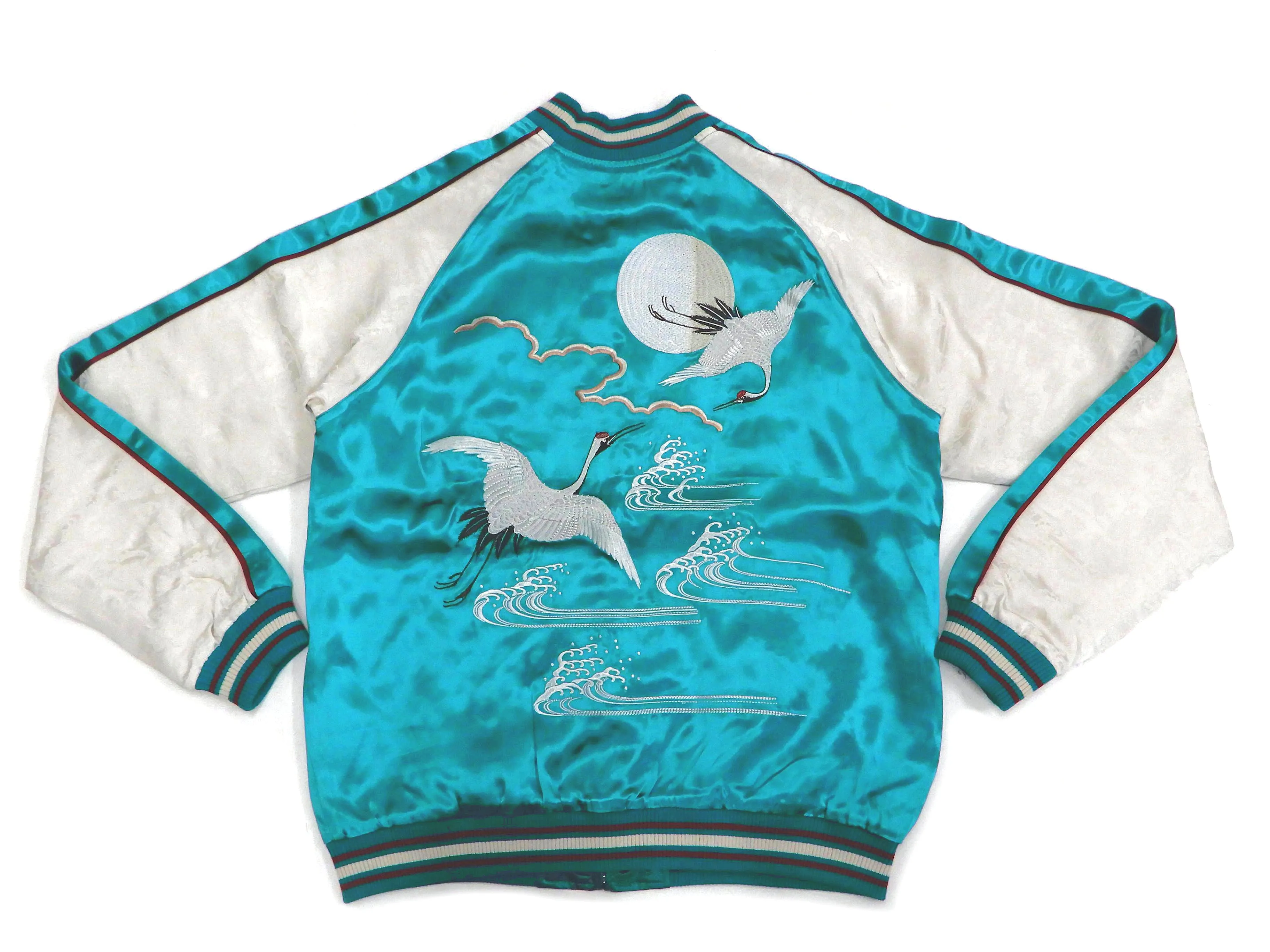 Japanesque Sukajan Jacket Men's Japanese Souvenir Jacket Japanese Crane 3RSJ-752 Blue-Green/Off
