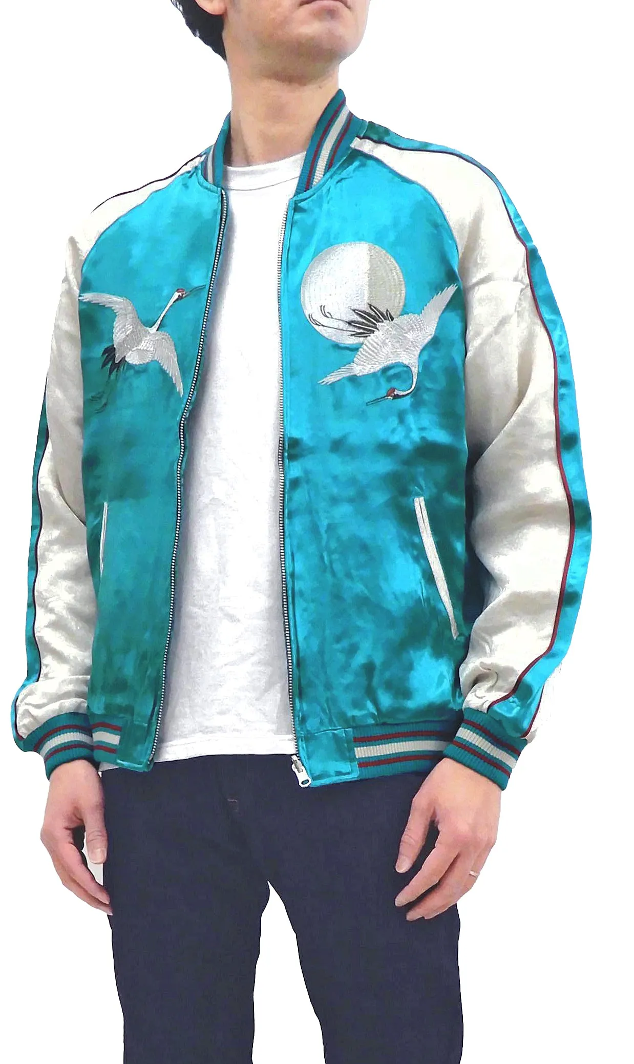 Japanesque Sukajan Jacket Men's Japanese Souvenir Jacket Japanese Crane 3RSJ-752 Blue-Green/Off