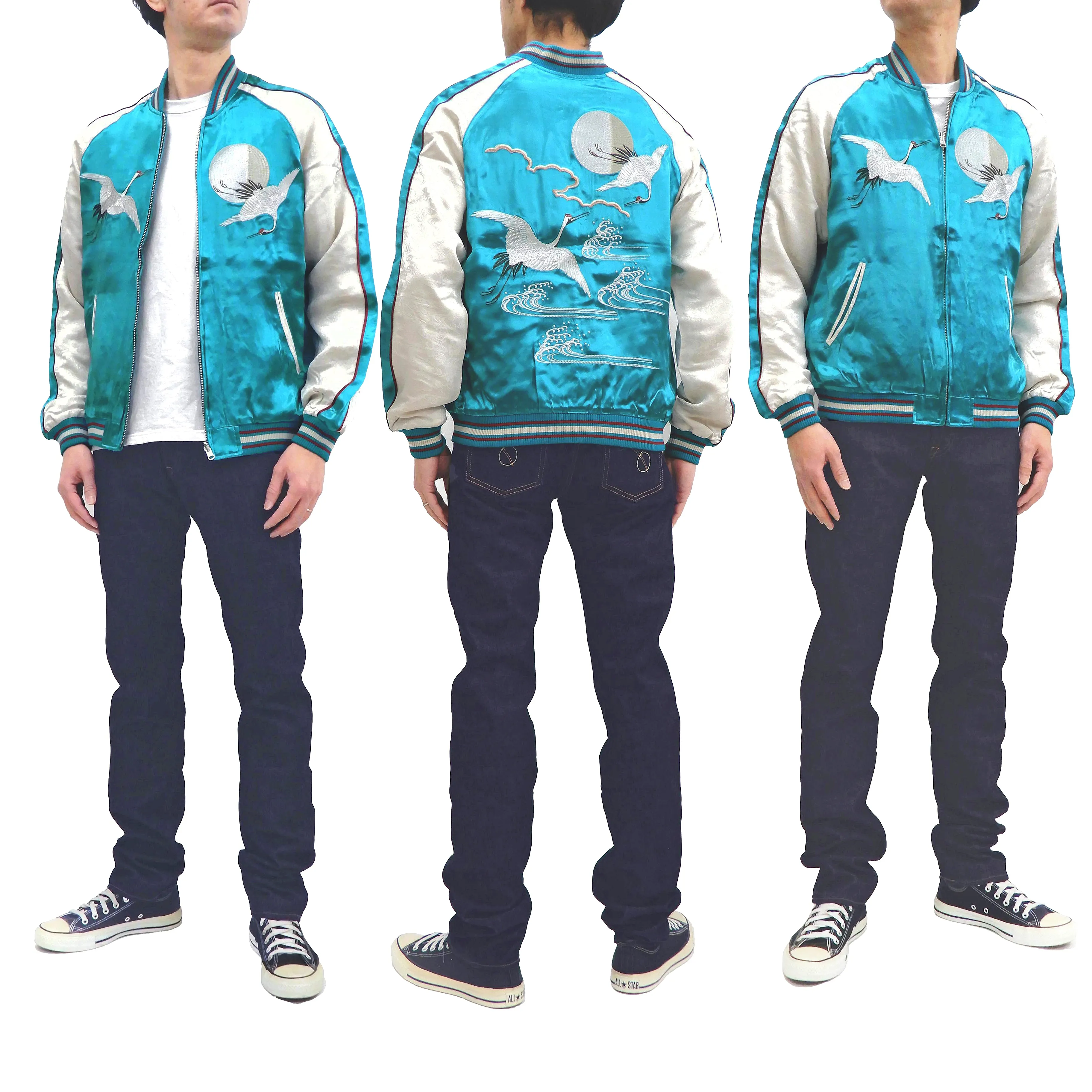 Japanesque Sukajan Jacket Men's Japanese Souvenir Jacket Japanese Crane 3RSJ-752 Blue-Green/Off