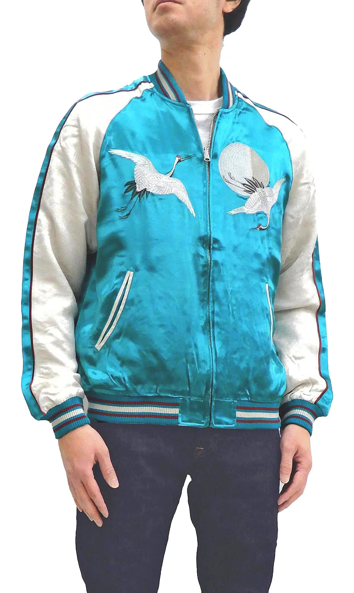 Japanesque Sukajan Jacket Men's Japanese Souvenir Jacket Japanese Crane 3RSJ-752 Blue-Green/Off