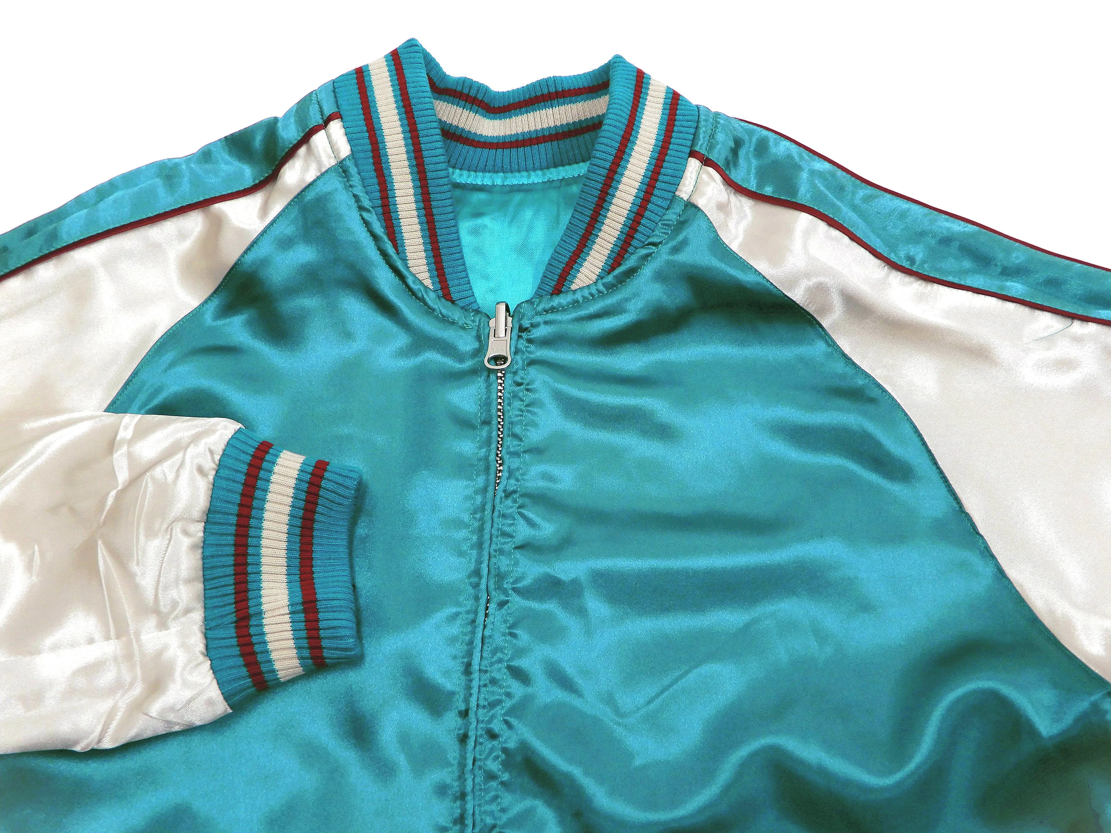 Japanesque Sukajan Jacket Men's Japanese Souvenir Jacket Japanese Crane 3RSJ-752 Blue-Green/Off