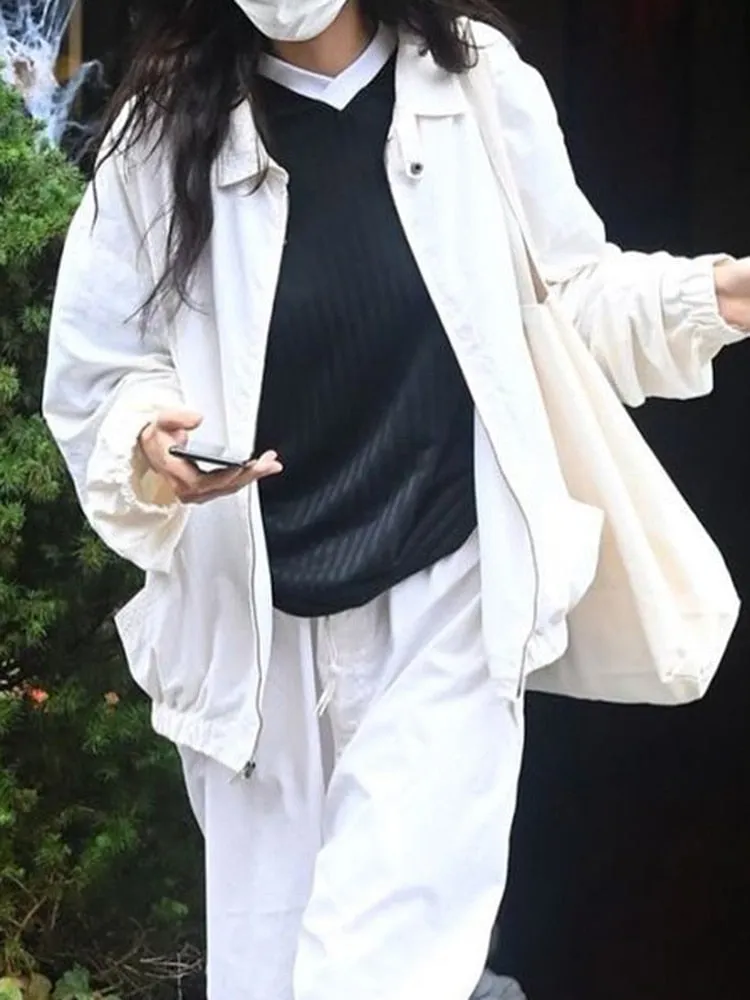 Joskaa Heyoungirl White Basic Women's Coats Zippers Autumn Minimalist Casual Oversized Jackets 2024 Sport Windbreaker Streetwear Cloth