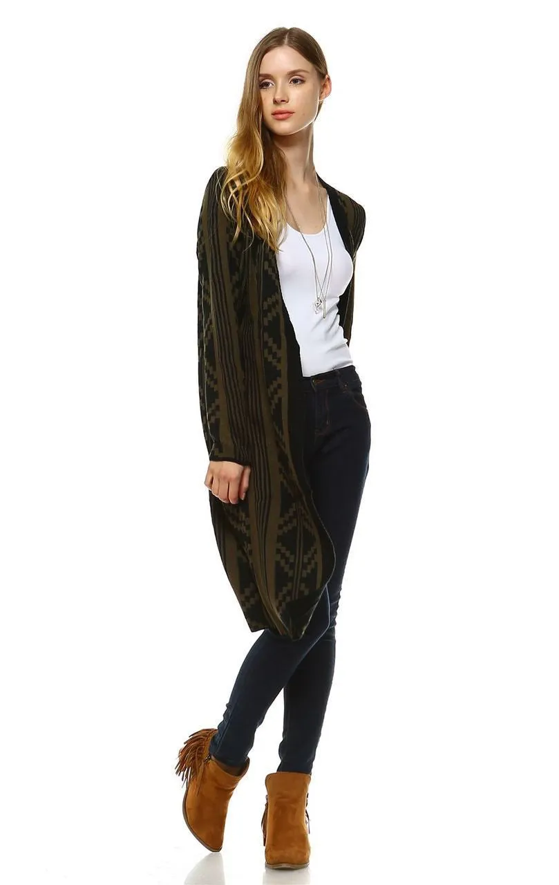 Long Trench Cardigan Tribal Sweater Geometric Olive Green