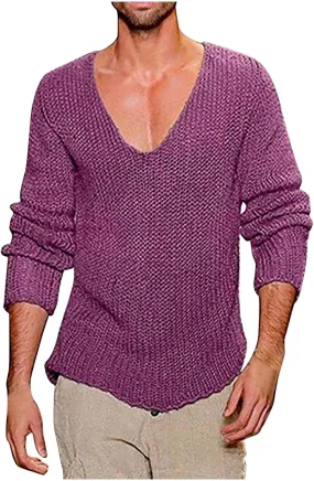 Mens Deep V Neck Sweater Slim Fit Lightweight Knitted Pullover Stylish Sweater Muscle Long Sleeve Low Cut Vneck Tee