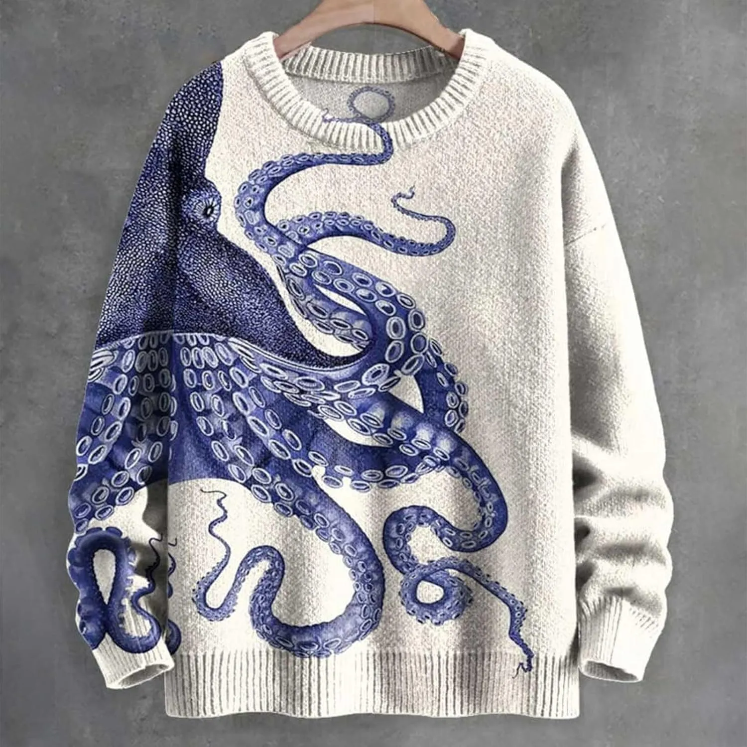Mens Giant Octopus 3D Graphic Printed Sweaters Long Sleeve Crewneck Loose Fall Sweater Stylish Pullover Tops