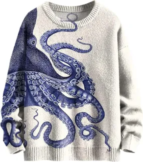 Mens Giant Octopus 3D Graphic Printed Sweaters Long Sleeve Crewneck Loose Fall Sweater Stylish Pullover Tops
