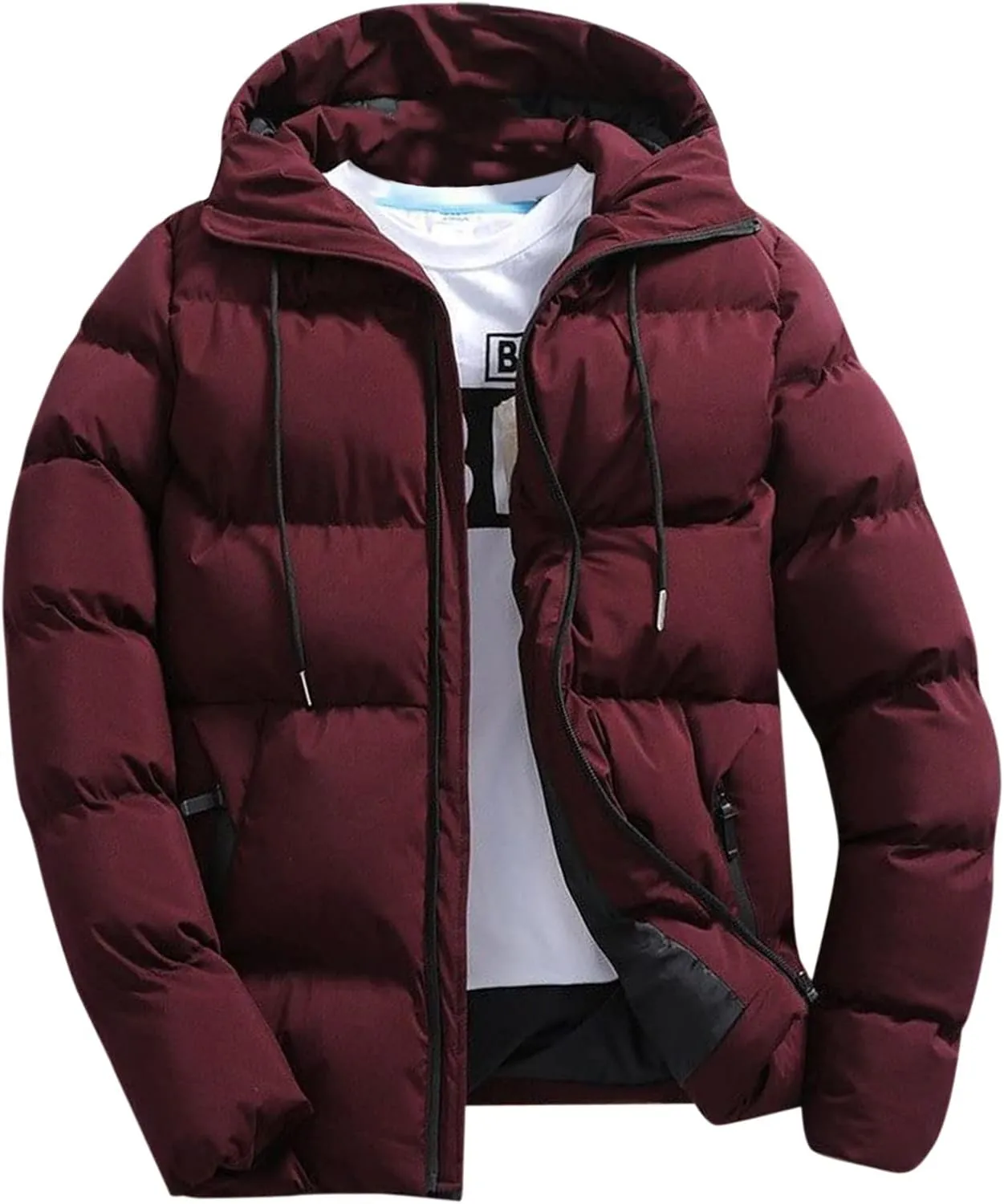 Men's Hooded Quilted Down Jacket, Men's Winter Water Resistant Hooded Puffer Jackets Zip Up Windbreaker Jacket with Pockets(G-Wine,X-Large)
