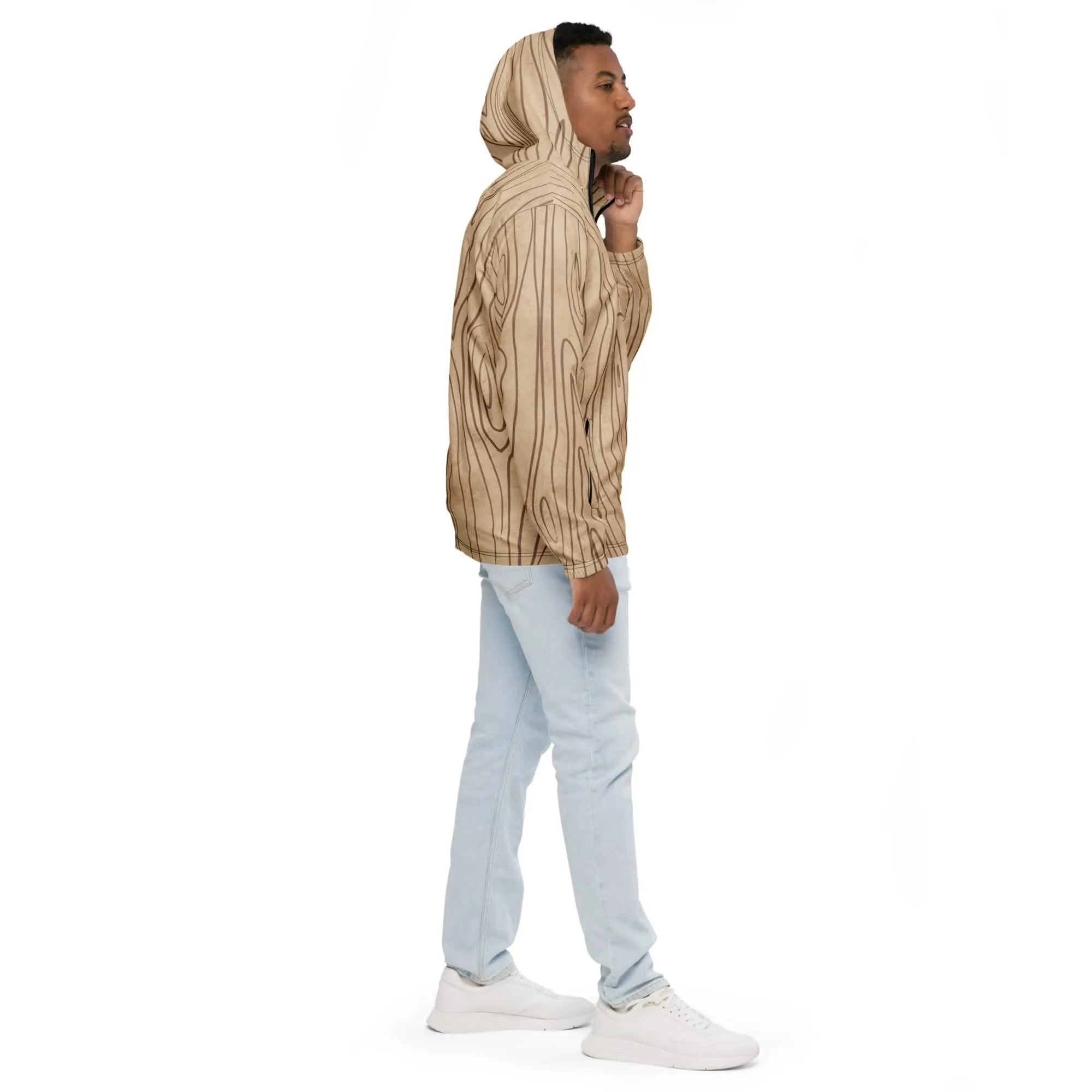 Men's Hooded Windbreaker Jacket with Beige & Brown Tree Design