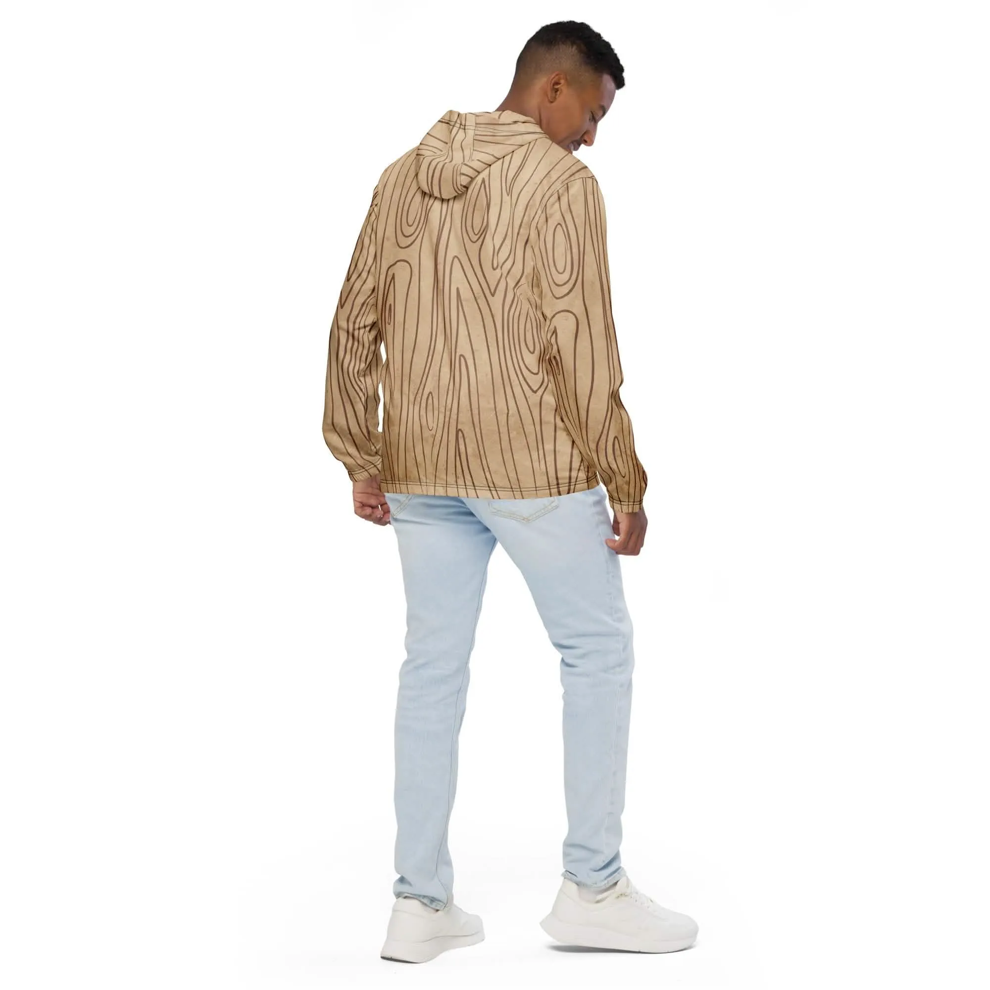 Men's Hooded Windbreaker Jacket with Beige & Brown Tree Design