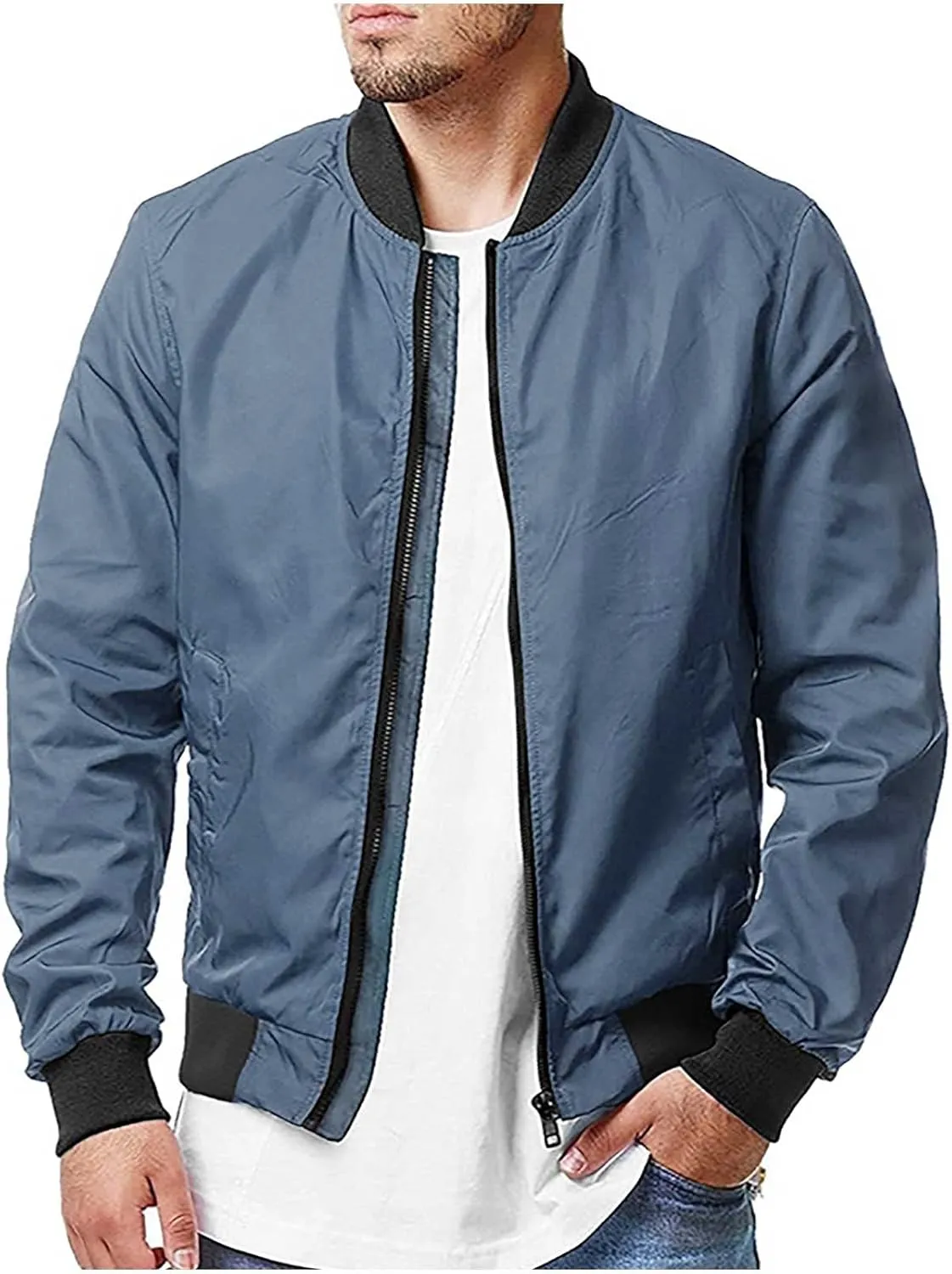 Men's Stand Collar Bomber Jacket Fashion Stylish Lightweight Full Zipper Windbreaker Spring Fall Casual Jackets